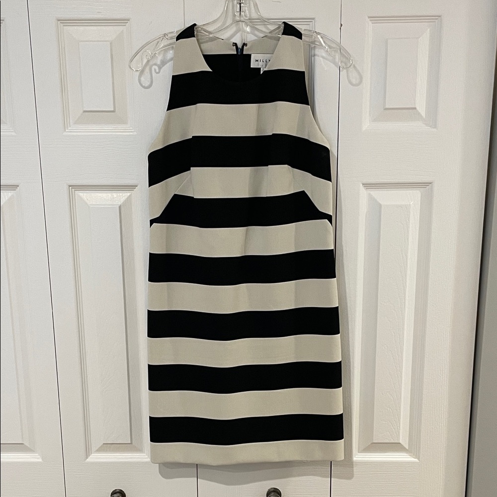 Milly Black and Cream Striped Midi Dress
